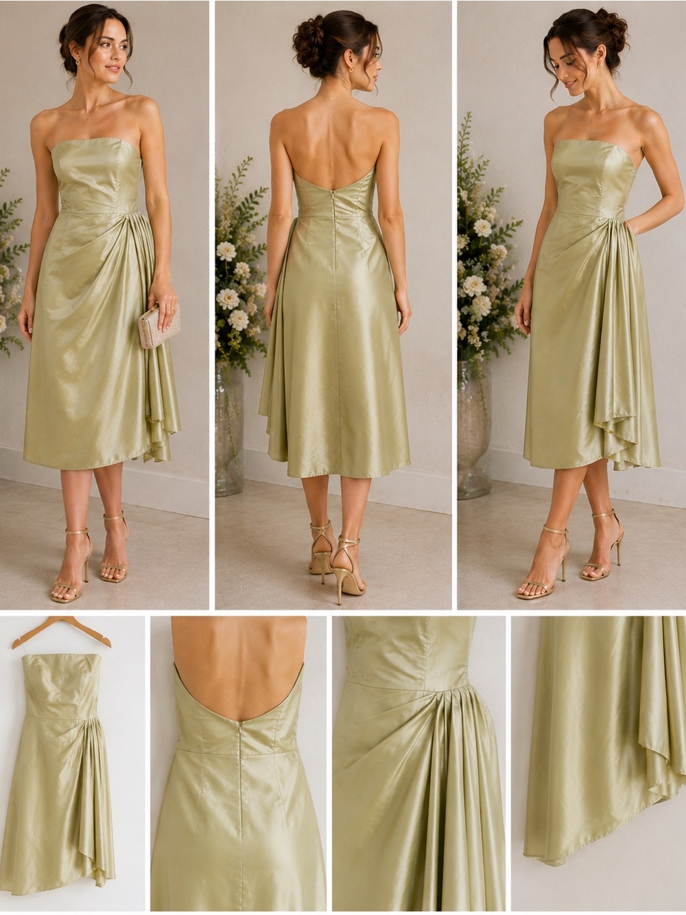 Vintage 90s Lazaro Strapless Sage Green Cocktail Dress Size 12 Made in USA